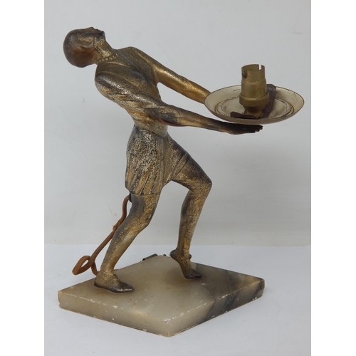 573 - A Period Art Deco Cast Metal Figural Table Lamp, the woman with outstretched arms supporting the lig... 