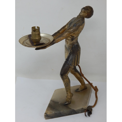 573 - A Period Art Deco Cast Metal Figural Table Lamp, the woman with outstretched arms supporting the lig... 