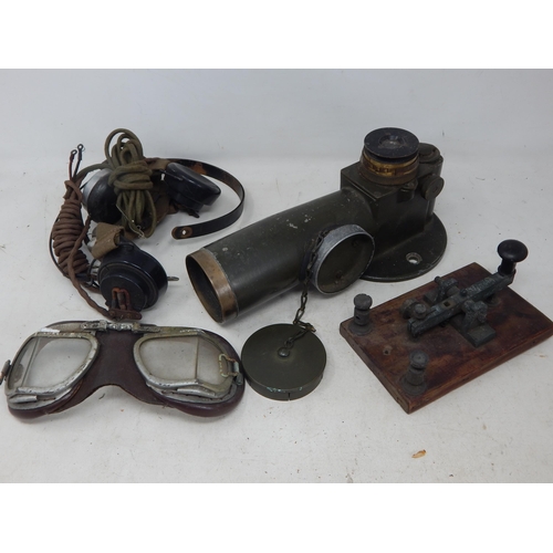 617 - WWII Telescope Bearing No 8 Mk 1 1944 together with a morse code unit, earphones & goggles