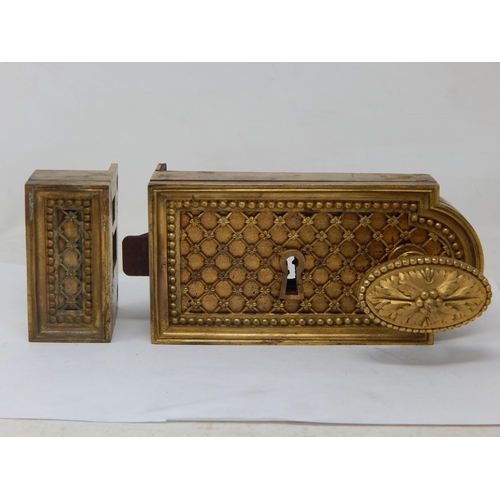 580 - 19th Century Maritime Brass Door Lock & Plate from a dismantled ship. The lock with hatched fretwork... 