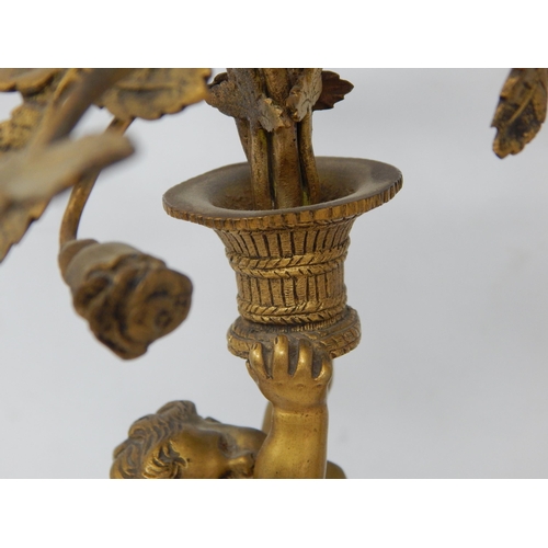 582 - A Pair of 19th Century French Ormolu Bronze Candelabra with Winged Putti each holding aloft a vase c... 