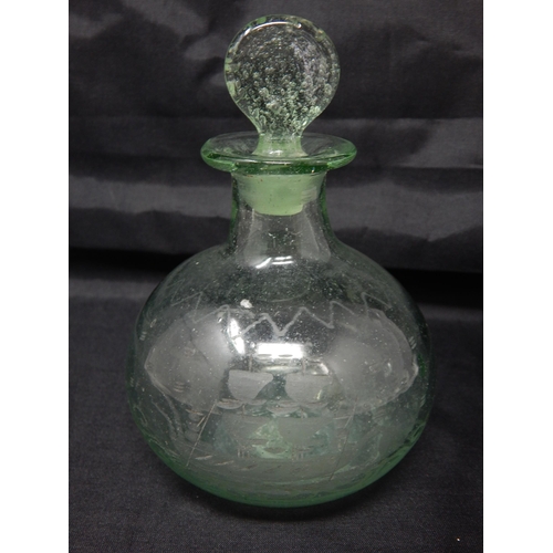 584 - C18th Possibly Dutch Green Tinted Glass Decanter of Small Proportions, Hand Etched with a Two Masted... 