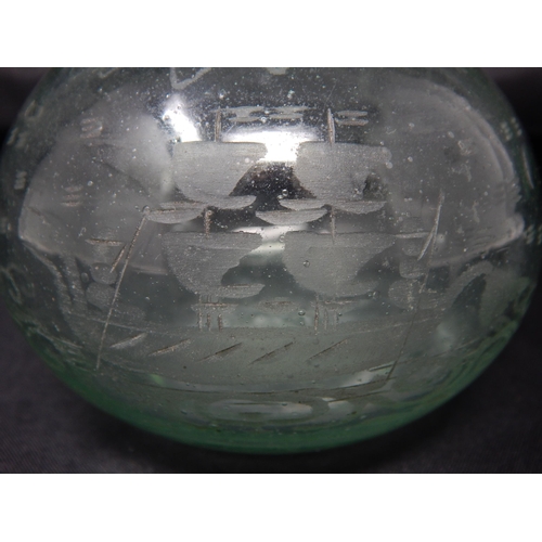 584 - C18th Possibly Dutch Green Tinted Glass Decanter of Small Proportions, Hand Etched with a Two Masted... 