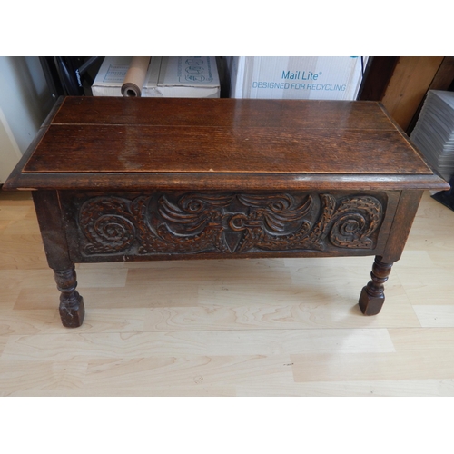 588 - Small Oak Coffer with Carved Decoration depicting mythical creatures to the front panel & carved sid... 