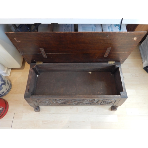 588 - Small Oak Coffer with Carved Decoration depicting mythical creatures to the front panel & carved sid... 