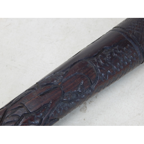 644 - Tribal hardwood staff with carved decoration depicting native figures: 91.5cm (36