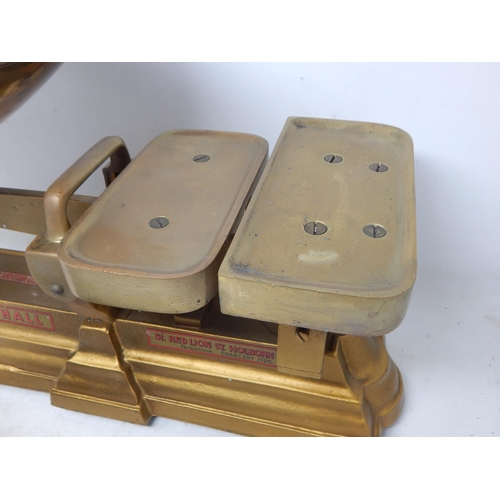 632 - A Good Set of Bush & Hall Scales with Brass Pan & Set of Weights 8lb - 1/2lb