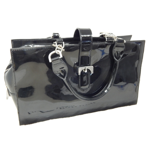 153 - L.K BENNETT, LONDON: Black Patent Leather Twin Handled Bag with Fold Over Clasp, Zipped Top Revealin... 