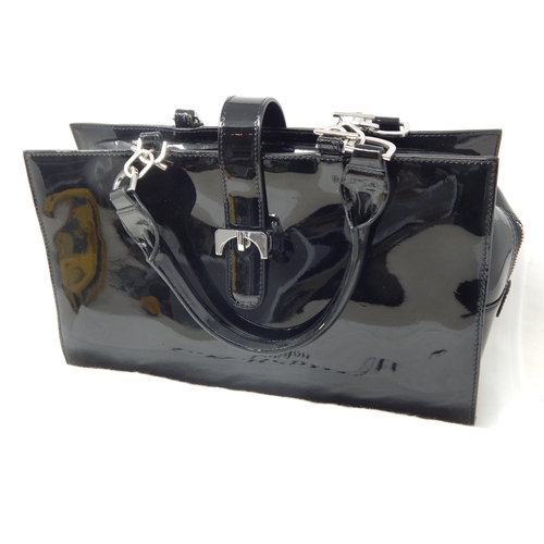 153 - L.K BENNETT, LONDON: Black Patent Leather Twin Handled Bag with Fold Over Clasp, Zipped Top Revealin... 