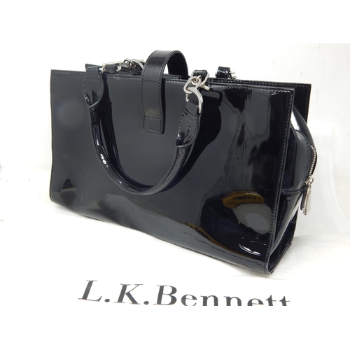 153 - L.K BENNETT, LONDON: Black Patent Leather Twin Handled Bag with Fold Over Clasp, Zipped Top Revealin... 