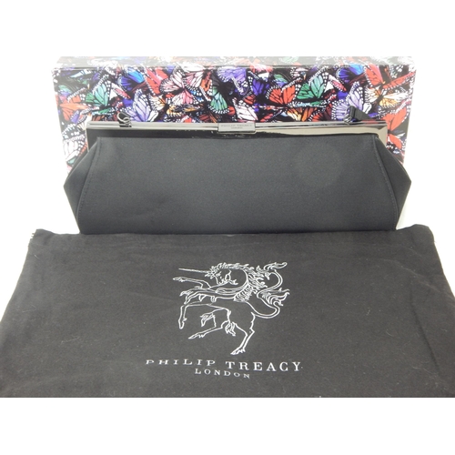 PHILIP TREACY, LONDON: Black Clutch Bag with Snap Clap & Handle Revealing an Inner Zipped Pocket: As New in Dust Cover with Outer Box: Measures 32cm wide