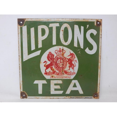 87 - Lipton's Tea Steel & Enamel Sign by Wood & Penfold Ltd, London East: Measuring 30.5cm x 30.5cm