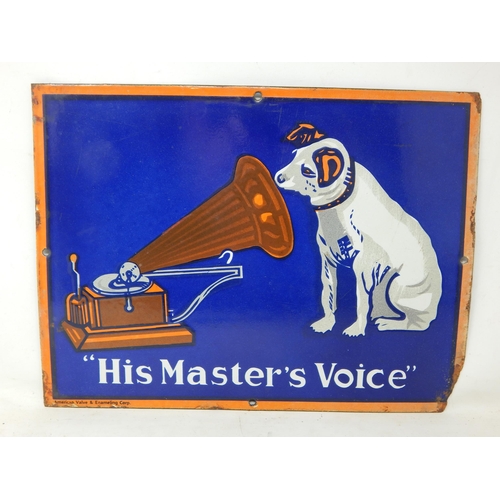 93 - His Master's Voice Steel & Enamel Sign by American Valve & Enameling Corp: Measuring 40.5cm x 30.5cm