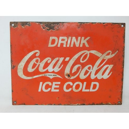 96 - Drink Ice Cold Coca-Cola Steel & Enamel Sign: Measuring 38cm x 28cm