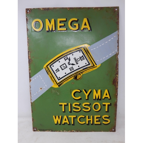 80 - Omega Cyma Tissot Watches Steel & Enamel Sign: Measuring 50.8cm x 35cm