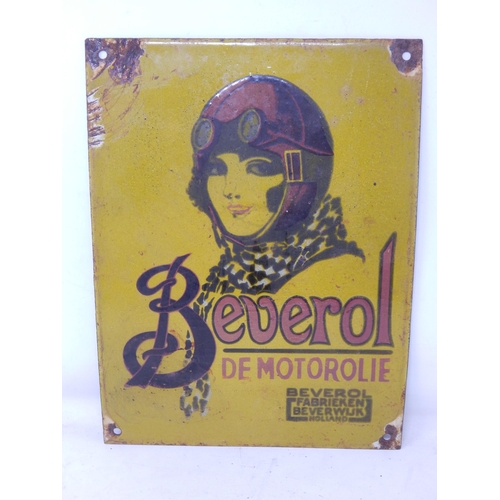 84 - Beverol De Motorolie Steel & Enamel Sign: Measuring 30.5cm x 23cm