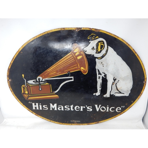 86 - His Master's Voice Steel & Enamel Sign: Measuring 66cm x 48.5cm