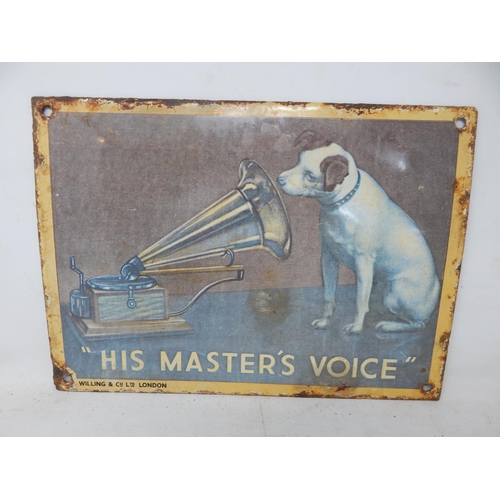 74 - His Master's Voice Steel & Enamel Sign: Measuring 27cm x 19.5cm