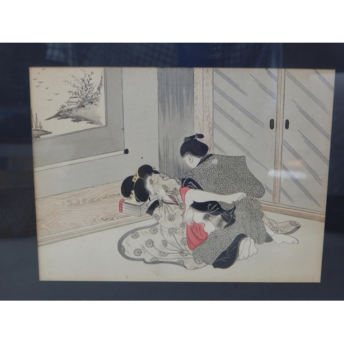 A 19th Century Japanese Meiji Period Framed Erotic Watercolour depicting a male & his geisha: Image measuring 18cm x 12cm