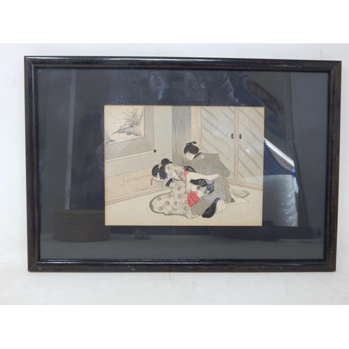 543 - A 19th Century Japanese Meiji Period Framed Erotic Watercolour depicting a male & his geisha: Image ... 