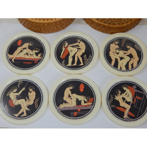 543A - A Set of 6 drinks coasters depicting erotic scenes contained in a rattan basket.