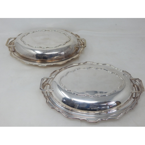 700 - A Good Pair of Silver Entree Dishes of Oval Form with Shaped Rims & Twin Handled Lids: Hallmarked Sh... 