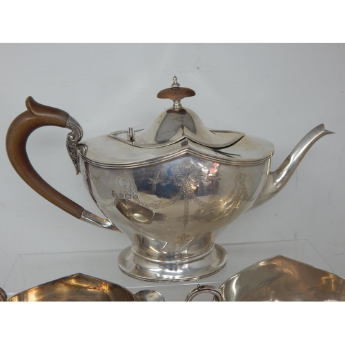 701 - Silver Three Piece Tea Set Comprising Teapot, Sugar Bowl & Milk Jug with Shaped Rims & Bow & Swag En... 