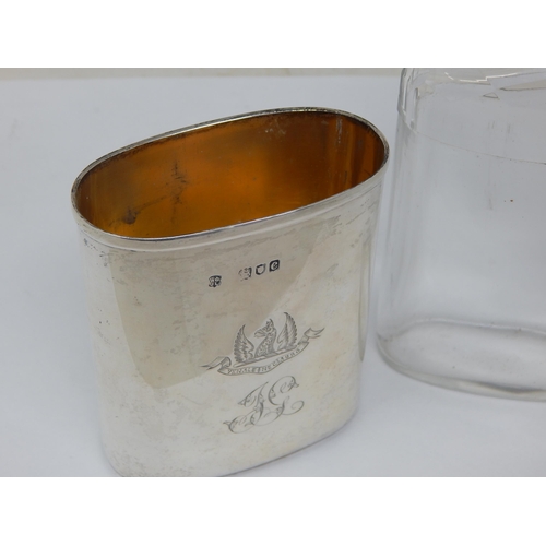 706 - Victorian Silver & Cut Glass Hip Flask with Bayonet Fastening, Removeable Gilded Cup & Perfect Glass... 