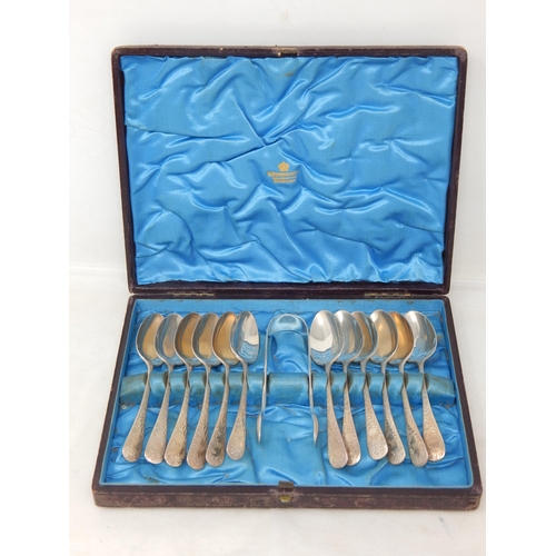 709 - Victorian Set of 12 Teaspoons & Tongs: Hallmarked Sheffield 1886 by James & William Deakin in Origin... 