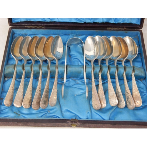 709 - Victorian Set of 12 Teaspoons & Tongs: Hallmarked Sheffield 1886 by James & William Deakin in Origin... 