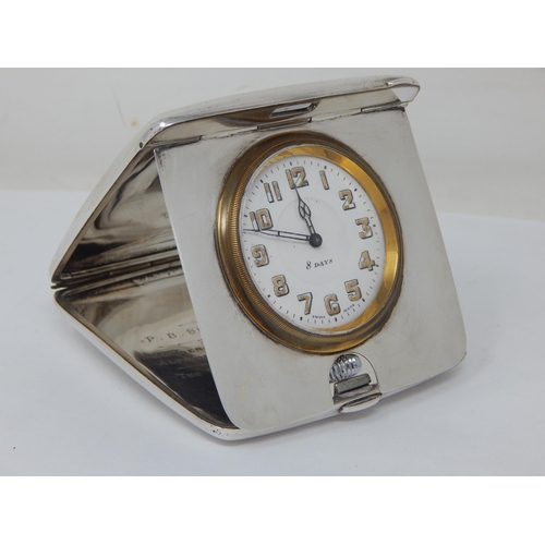 710 - Silver Folding Travelling Clock with 8 Day Movement (Working when catalogued) Hallmarked Birmingham ... 