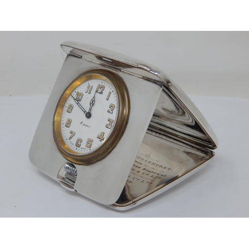 710 - Silver Folding Travelling Clock with 8 Day Movement (Working when catalogued) Hallmarked Birmingham ... 