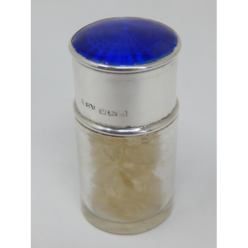 713 - Silver Mounted Glass Smelling Salts Bottle with Blue Guilloche Enamel Top, Retaining Original Glass ... 