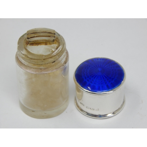 713 - Silver Mounted Glass Smelling Salts Bottle with Blue Guilloche Enamel Top, Retaining Original Glass ... 