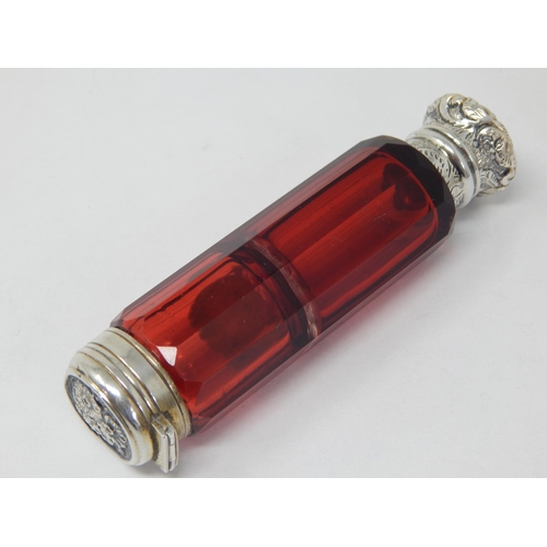 714 - Victorian Unmarked Silver & Faceted Cranberry Glass Double Ended Scent Bottle & Smelling Salts Pot: ... 