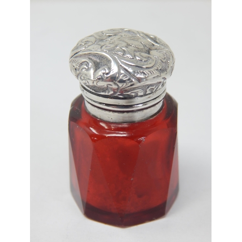 715 - Victorian Unmarked Silver & Faceted Cranberry Glass Smelling Salts Bottle with Original Stopper.