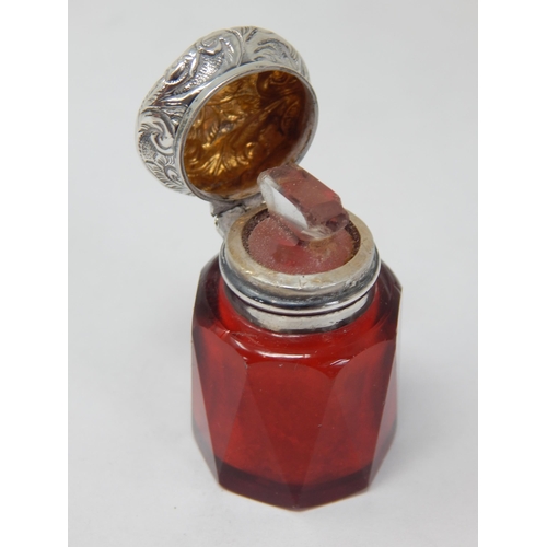 715 - Victorian Unmarked Silver & Faceted Cranberry Glass Smelling Salts Bottle with Original Stopper.