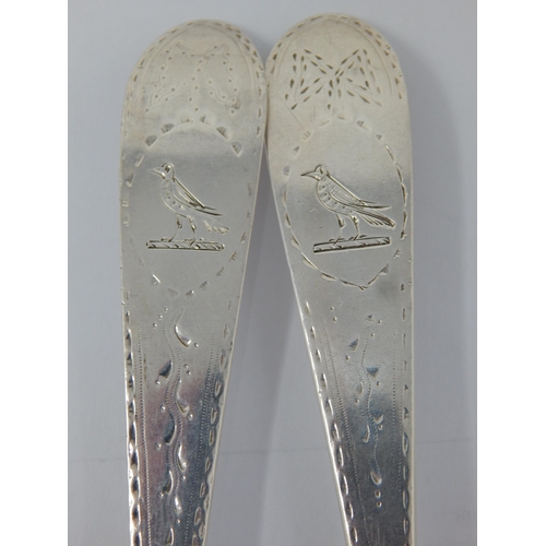 720 - A Similar Pair of 18th Century Irish Pointed Terminal Silver Serving Spoons with Crest of Bird & Bri... 