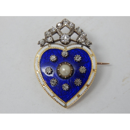 288 - 19th Century Unmarked Gold Heart Shaped Brooch with an Inner Blue Enamel Panel set with a Central Pe... 