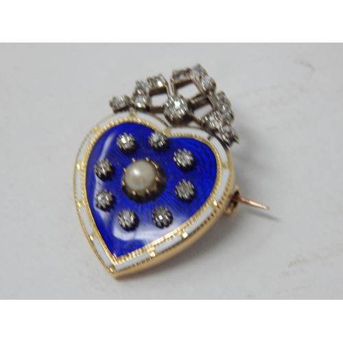 288 - 19th Century Unmarked Gold Heart Shaped Brooch with an Inner Blue Enamel Panel set with a Central Pe... 