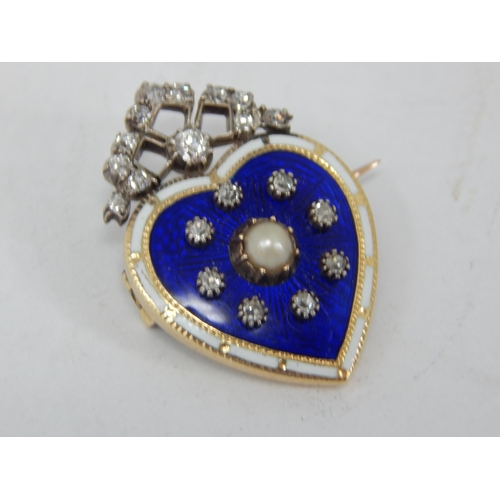 288 - 19th Century Unmarked Gold Heart Shaped Brooch with an Inner Blue Enamel Panel set with a Central Pe... 