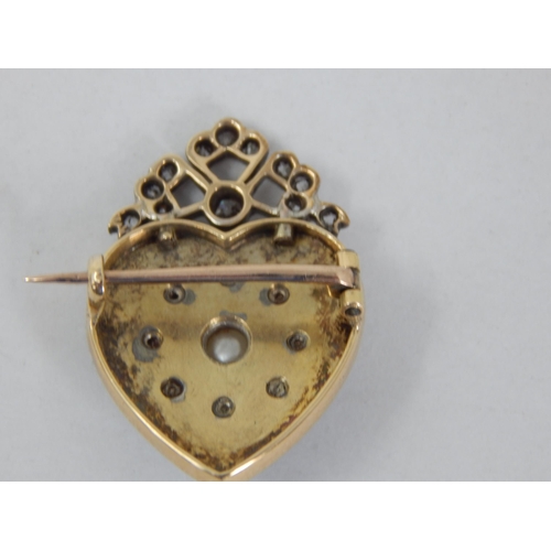 288 - 19th Century Unmarked Gold Heart Shaped Brooch with an Inner Blue Enamel Panel set with a Central Pe... 