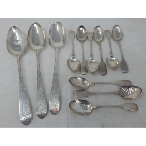 724 - 3 x Irish Silver Serving Spoons with Bright Cut Decoration, Hallmarked Dublin 1803 (1) by J.K & 1877... 