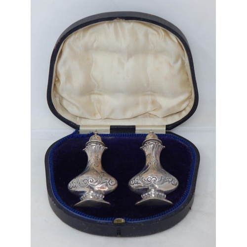 739 - A Pair of Edwardian Silver Pepperettes Hallmarked Birmingham 1907 in Original Fitted Case.