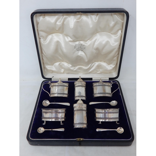 740 - A 6 Piece Silver Cruet Set with Cobalt Blue Glass Liners & Spoons Hallmarked Birmingham 1913 by Edwa... 