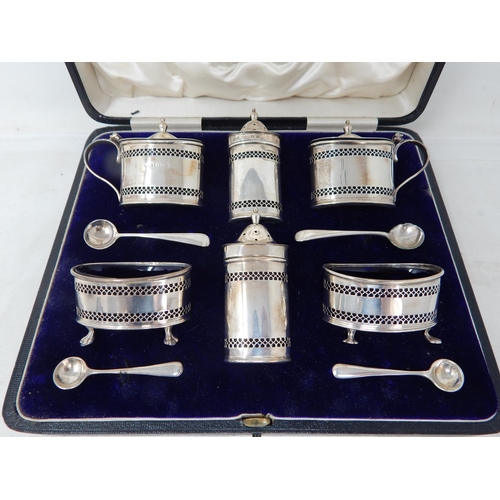 740 - A 6 Piece Silver Cruet Set with Cobalt Blue Glass Liners & Spoons Hallmarked Birmingham 1913 by Edwa... 