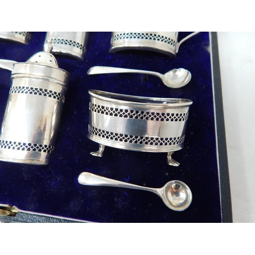 740 - A 6 Piece Silver Cruet Set with Cobalt Blue Glass Liners & Spoons Hallmarked Birmingham 1913 by Edwa... 