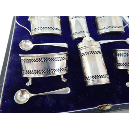 740 - A 6 Piece Silver Cruet Set with Cobalt Blue Glass Liners & Spoons Hallmarked Birmingham 1913 by Edwa... 