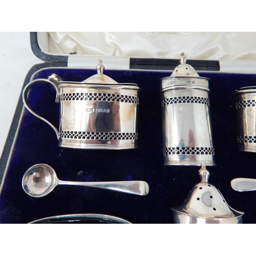 740 - A 6 Piece Silver Cruet Set with Cobalt Blue Glass Liners & Spoons Hallmarked Birmingham 1913 by Edwa... 