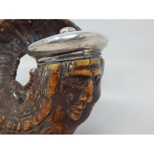 747 - 19th Century Scottish Silver Mounted Rams Horn Table Snuff Mull, The Front Carved as a Mans Face & t... 